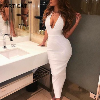 Halter Backless Sexy Knitted Pencil Dress Women White Off Shoulder Long Bodycon Party Dress